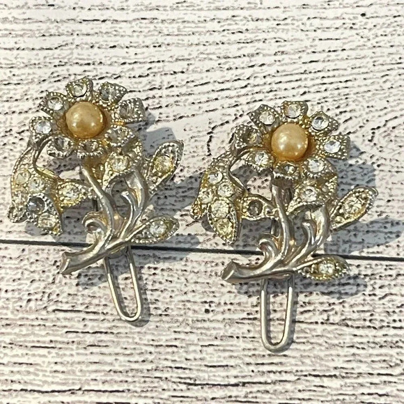 Accessories - Vintage Estate Faux Pearl Rhinestone Hair Clips Silver tone Missing Stones